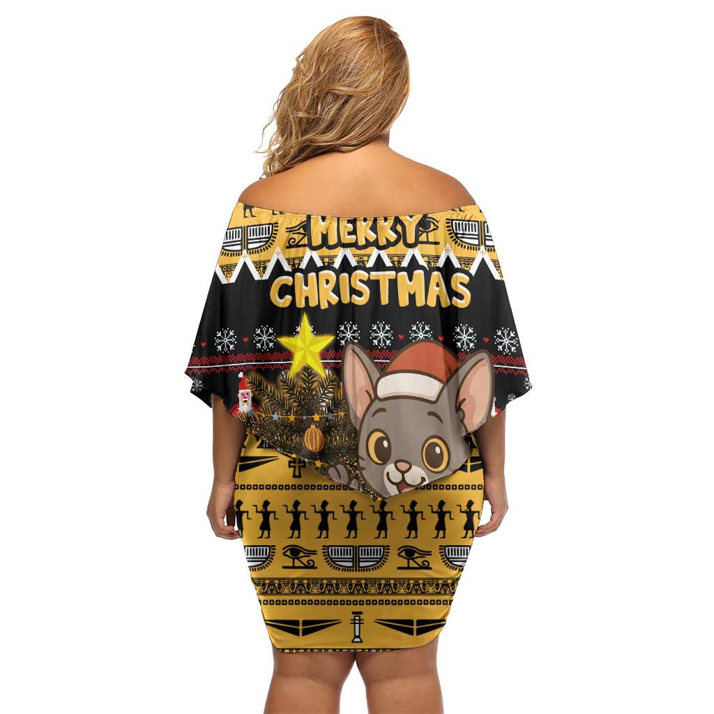 Egypt Christmas Off Shoulder Short Dress with Santa Cat Sleigh Reindeer Christmas Tree and Ancient Hieroglyphic - Wonder Print Shop