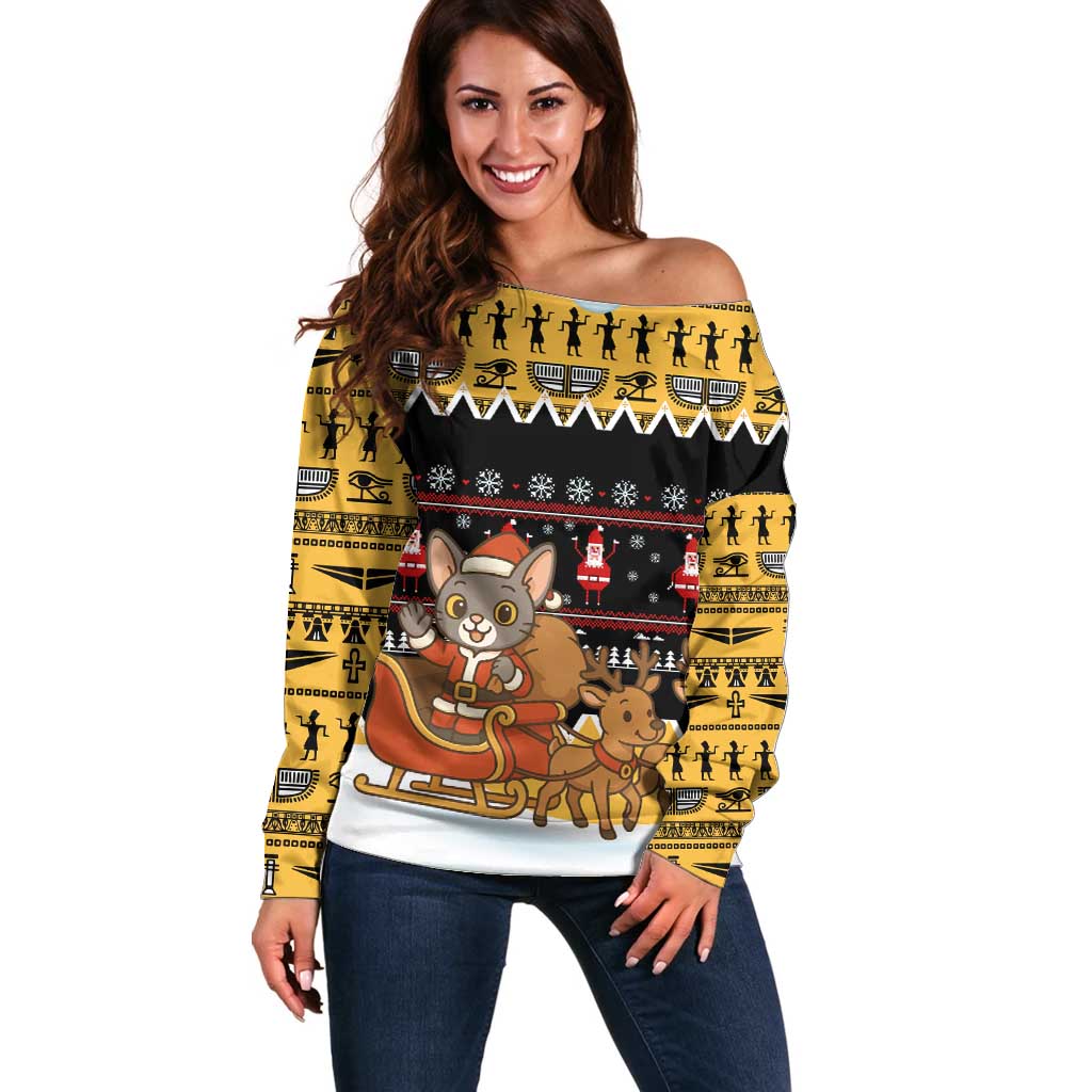 Egypt Christmas Off Shoulder Sweater with Santa Cat Sleigh Reindeer Christmas Tree and Ancient Hieroglyphic - Wonder Print Shop