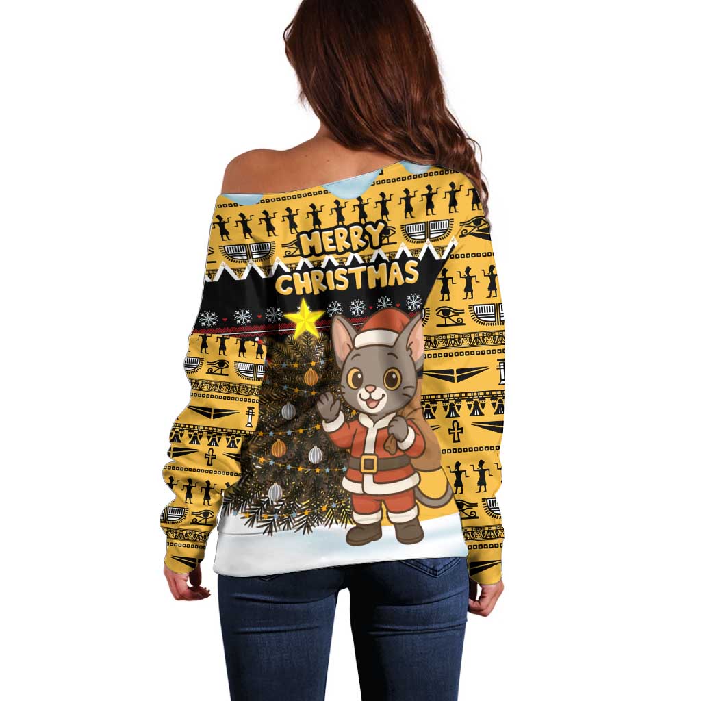 Egypt Christmas Off Shoulder Sweater with Santa Cat Sleigh Reindeer Christmas Tree and Ancient Hieroglyphic - Wonder Print Shop