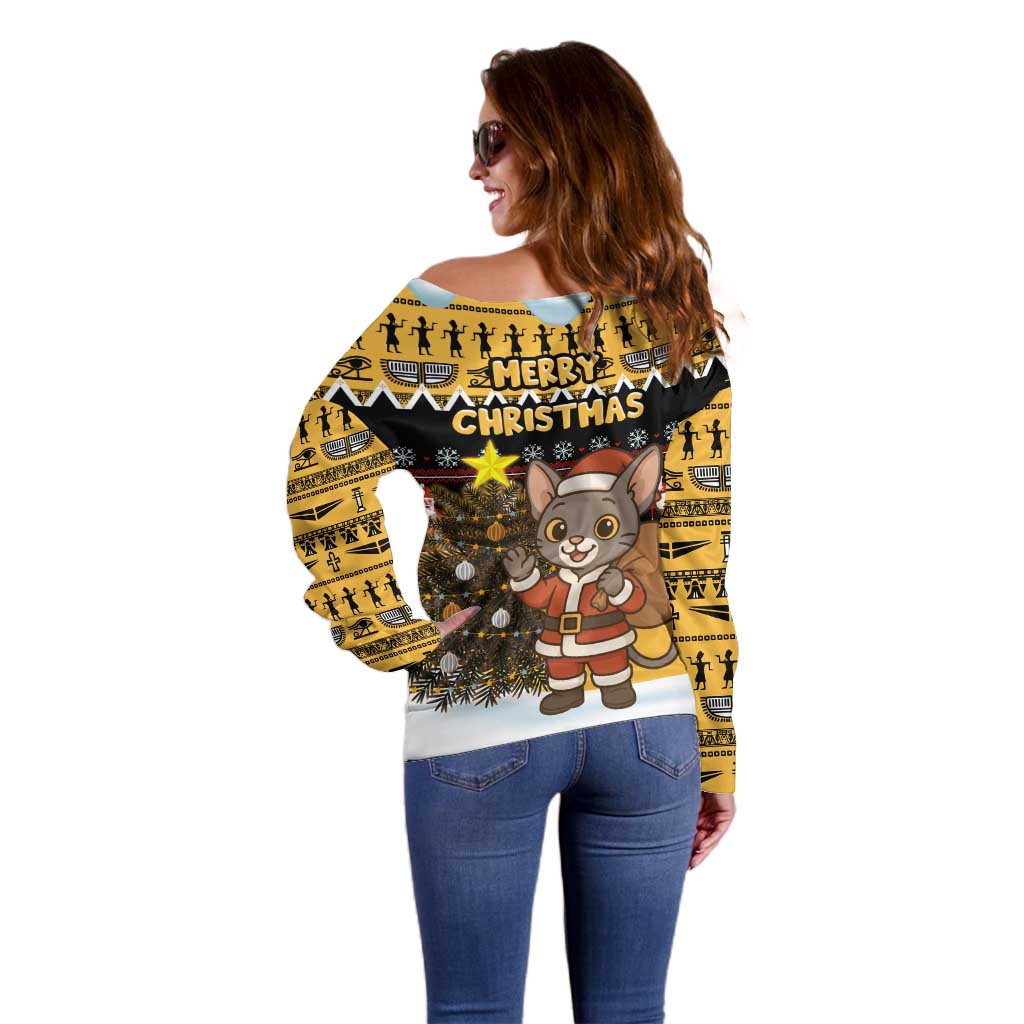 Egypt Christmas Off Shoulder Sweater with Santa Cat Sleigh Reindeer Christmas Tree and Ancient Hieroglyphic - Wonder Print Shop