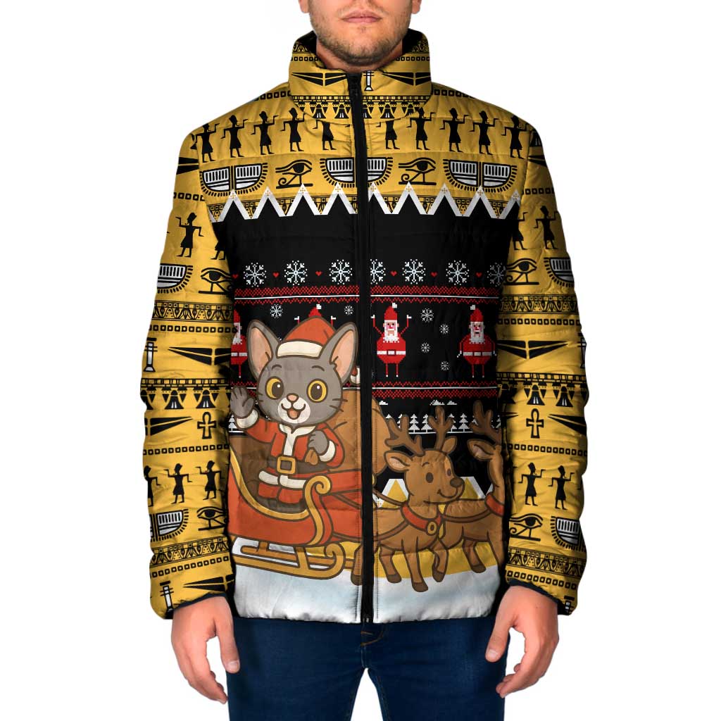 Egypt Christmas Padded Jacket with Santa Cat Sleigh Reindeer Christmas Tree and Ancient Hieroglyphic - Wonder Print Shop