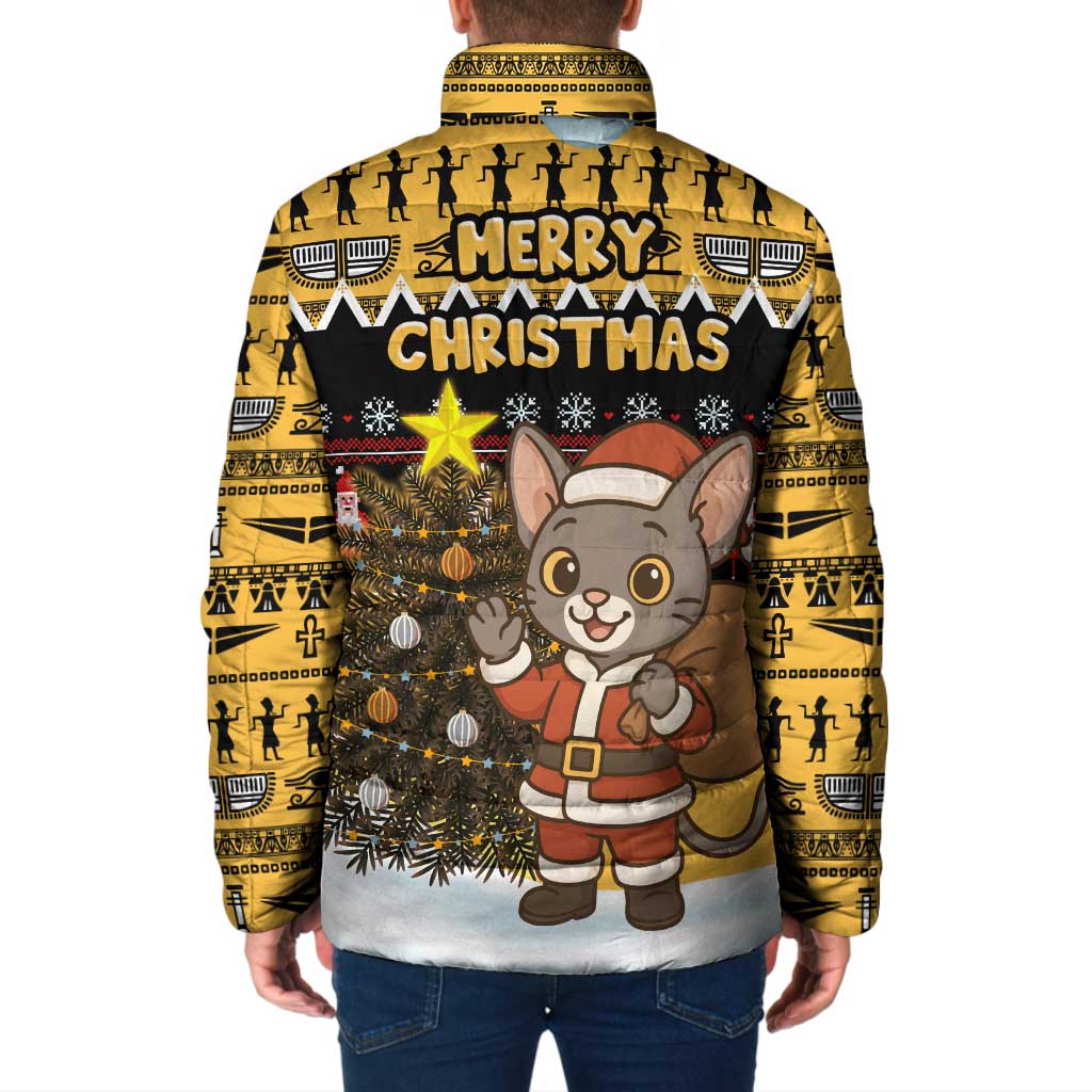 Egypt Christmas Padded Jacket with Santa Cat Sleigh Reindeer Christmas Tree and Ancient Hieroglyphic - Wonder Print Shop
