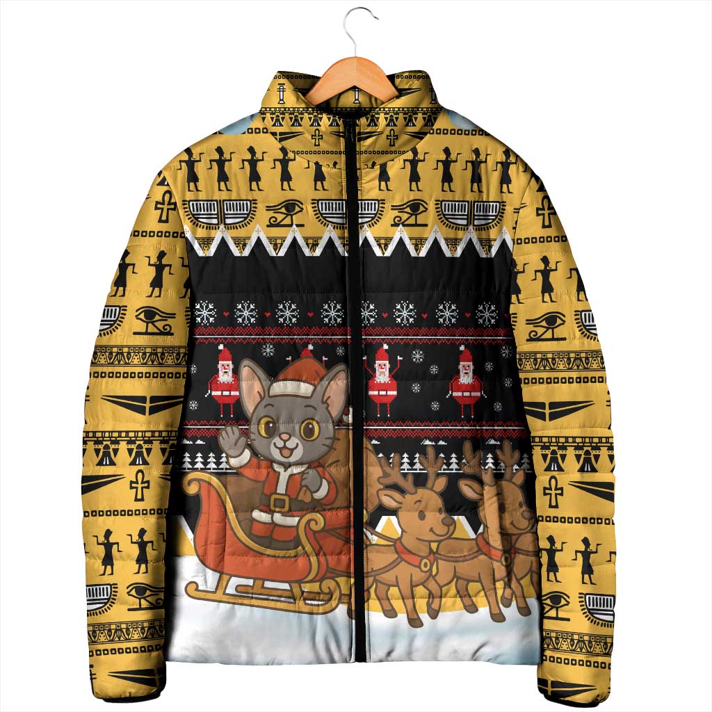 Egypt Christmas Padded Jacket with Santa Cat Sleigh Reindeer Christmas Tree and Ancient Hieroglyphic - Wonder Print Shop