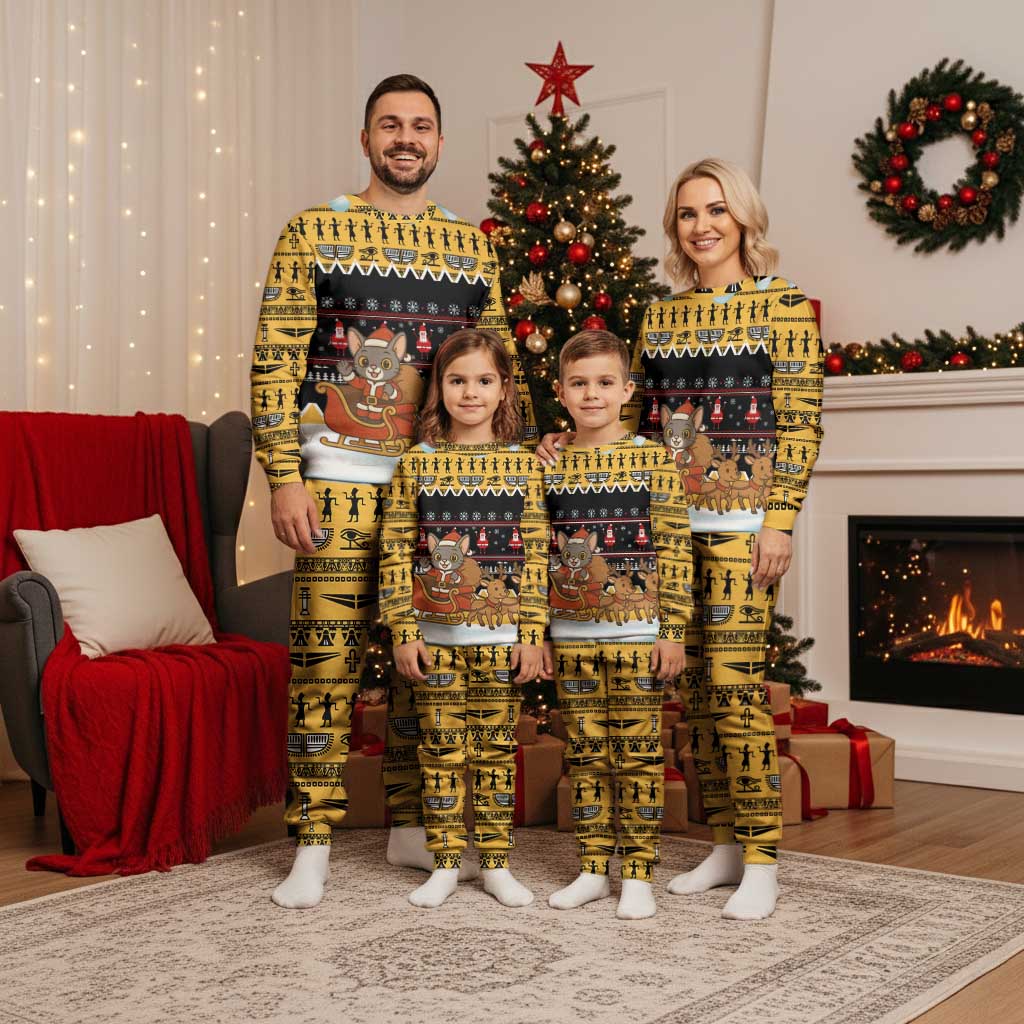 Egypt Christmas Pajama Set with Santa Cat Sleigh Reindeer Christmas Tree and Ancient Hieroglyphic - Wonder Print Shop