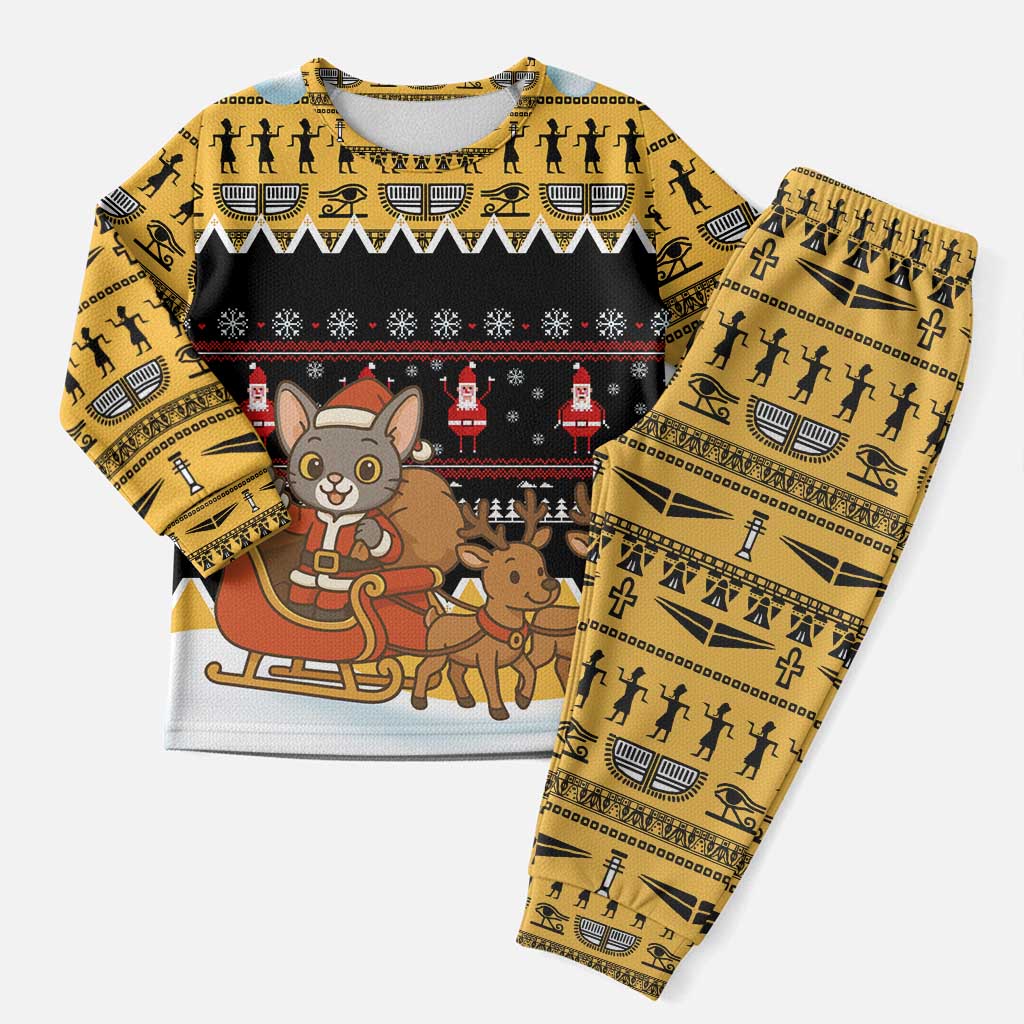 Egypt Christmas Pajama Set with Santa Cat Sleigh Reindeer Christmas Tree and Ancient Hieroglyphic - Wonder Print Shop
