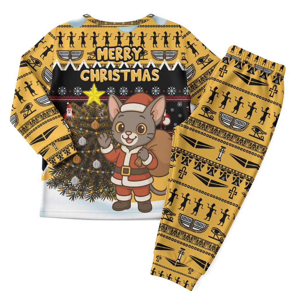 Egypt Christmas Pajama Set with Santa Cat Sleigh Reindeer Christmas Tree and Ancient Hieroglyphic - Wonder Print Shop