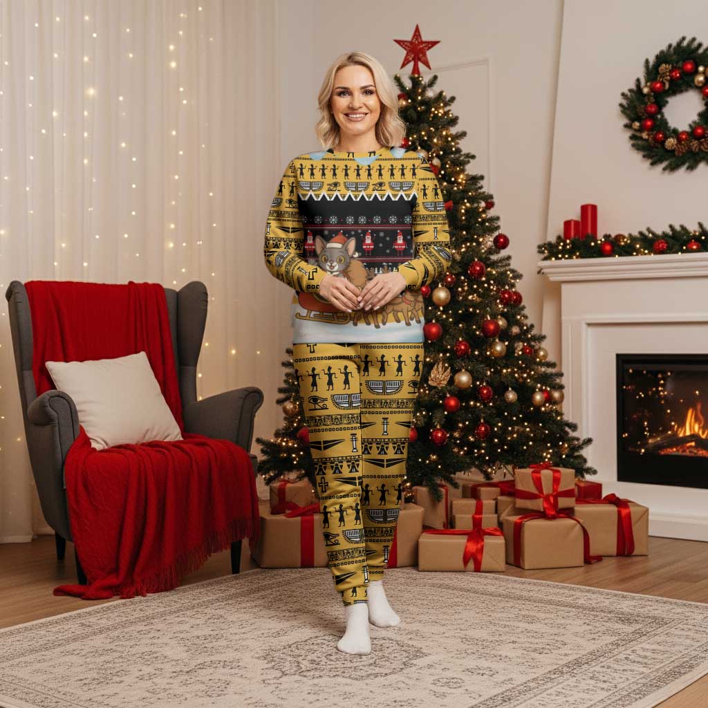 Egypt Christmas Pajama Set with Santa Cat Sleigh Reindeer Christmas Tree and Ancient Hieroglyphic - Wonder Print Shop