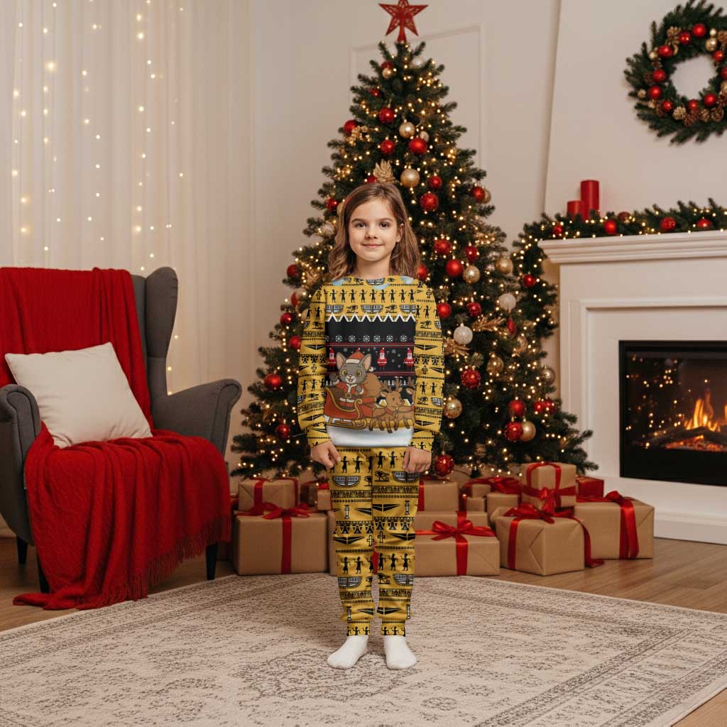 Egypt Christmas Pajama Set with Santa Cat Sleigh Reindeer Christmas Tree and Ancient Hieroglyphic - Wonder Print Shop