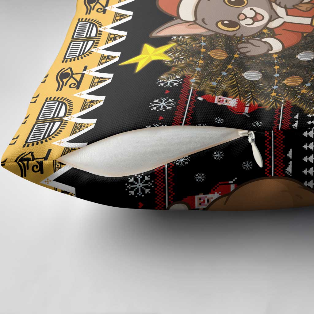 Egypt Christmas Pillow Cover with Santa Cat Sleigh Reindeer Christmas Tree and Ancient Hieroglyphic - Wonder Print Shop