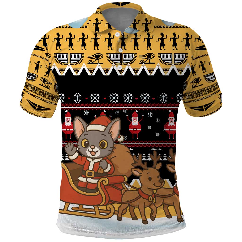 Egypt Christmas Polo Shirt with Santa Cat Sleigh Reindeer Christmas Tree and Ancient Hieroglyphic - Wonder Print Shop