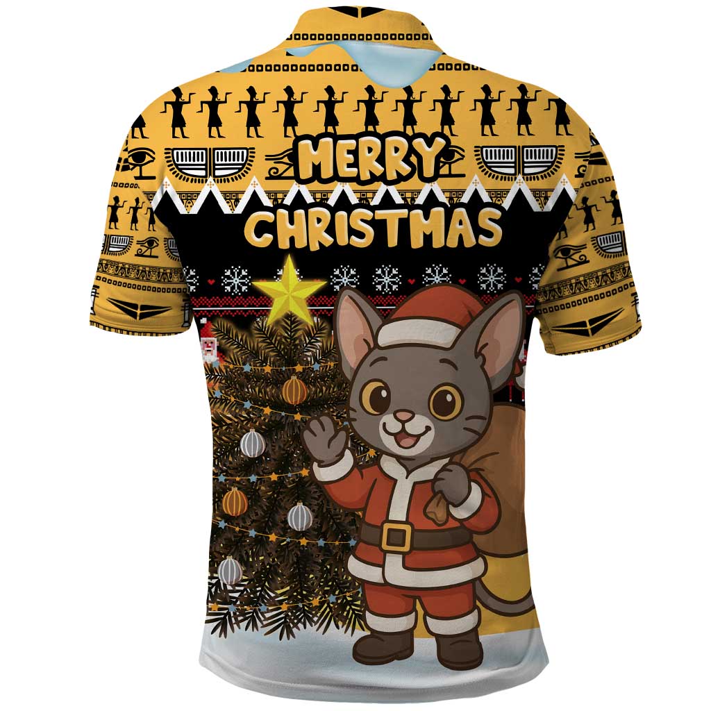 Egypt Christmas Polo Shirt with Santa Cat Sleigh Reindeer Christmas Tree and Ancient Hieroglyphic - Wonder Print Shop
