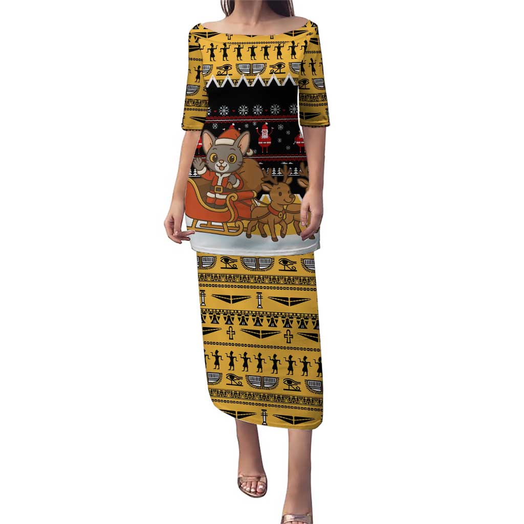 Egypt Christmas Puletasi with Santa Cat Sleigh Reindeer Christmas Tree and Ancient Hieroglyphic - Wonder Print Shop