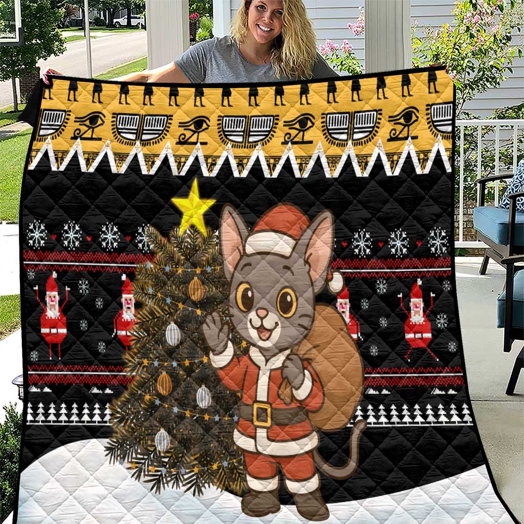 Egypt Christmas Quilt with Santa Cat Sleigh Reindeer Christmas Tree and Ancient Hieroglyphic - Wonder Print Shop