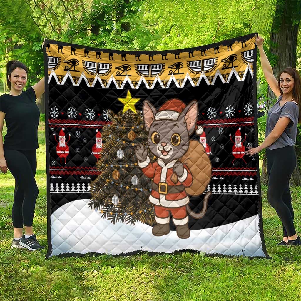 Egypt Christmas Quilt with Santa Cat Sleigh Reindeer Christmas Tree and Ancient Hieroglyphic - Wonder Print Shop