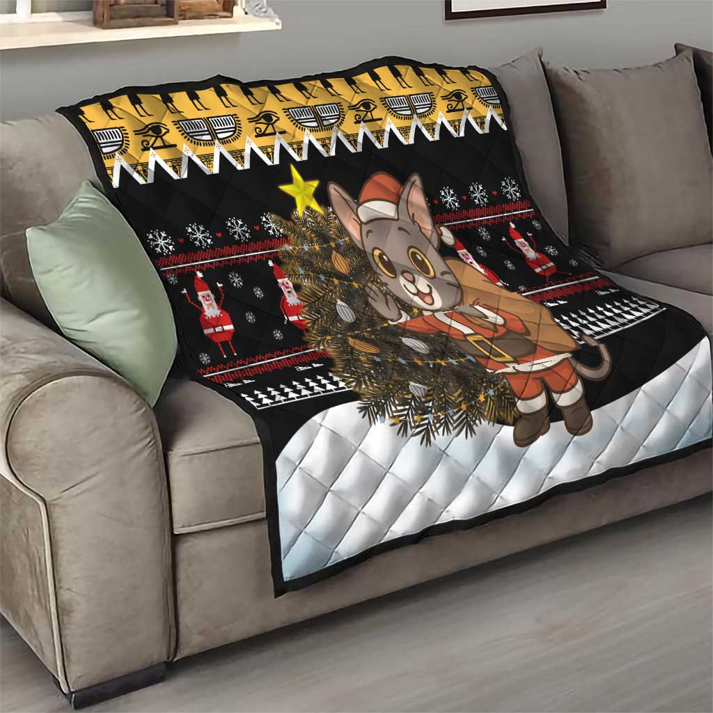 Egypt Christmas Quilt with Santa Cat Sleigh Reindeer Christmas Tree and Ancient Hieroglyphic - Wonder Print Shop