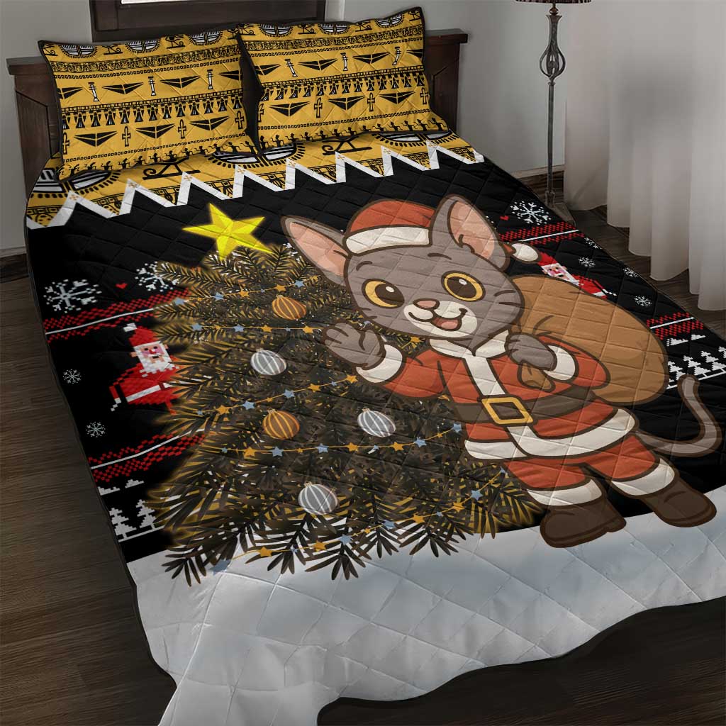 Egypt Christmas Quilt Bed Set with Santa Cat Sleigh Reindeer Christmas Tree and Ancient Hieroglyphic - Wonder Print Shop