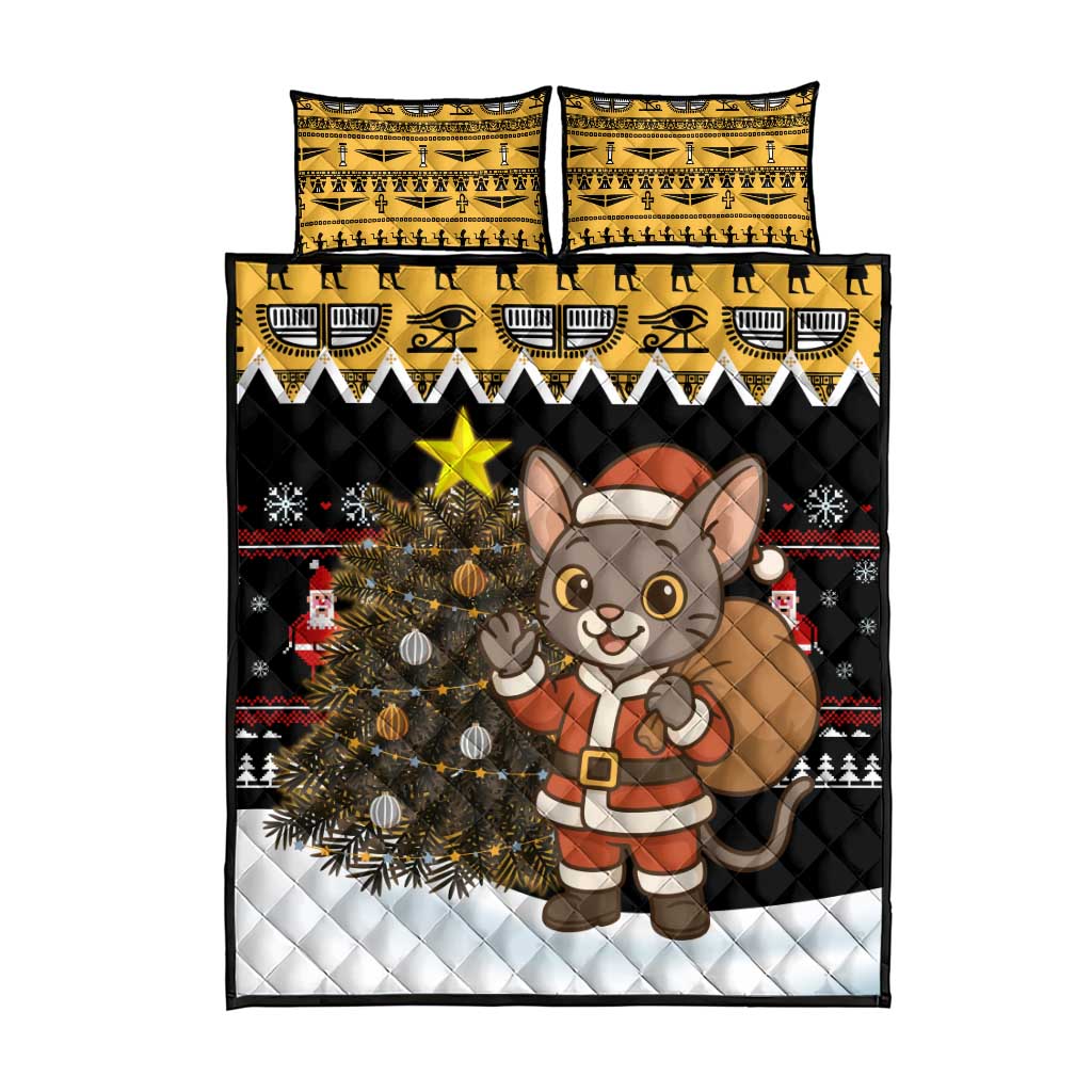 Egypt Christmas Quilt Bed Set with Santa Cat Sleigh Reindeer Christmas Tree and Ancient Hieroglyphic - Wonder Print Shop