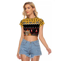 Egypt Christmas Raglan Cropped T Shirt with Santa Cat Sleigh Reindeer Christmas Tree and Ancient Hieroglyphic - Wonder Print Shop