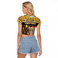 Egypt Christmas Raglan Cropped T Shirt with Santa Cat Sleigh Reindeer Christmas Tree and Ancient Hieroglyphic - Wonder Print Shop