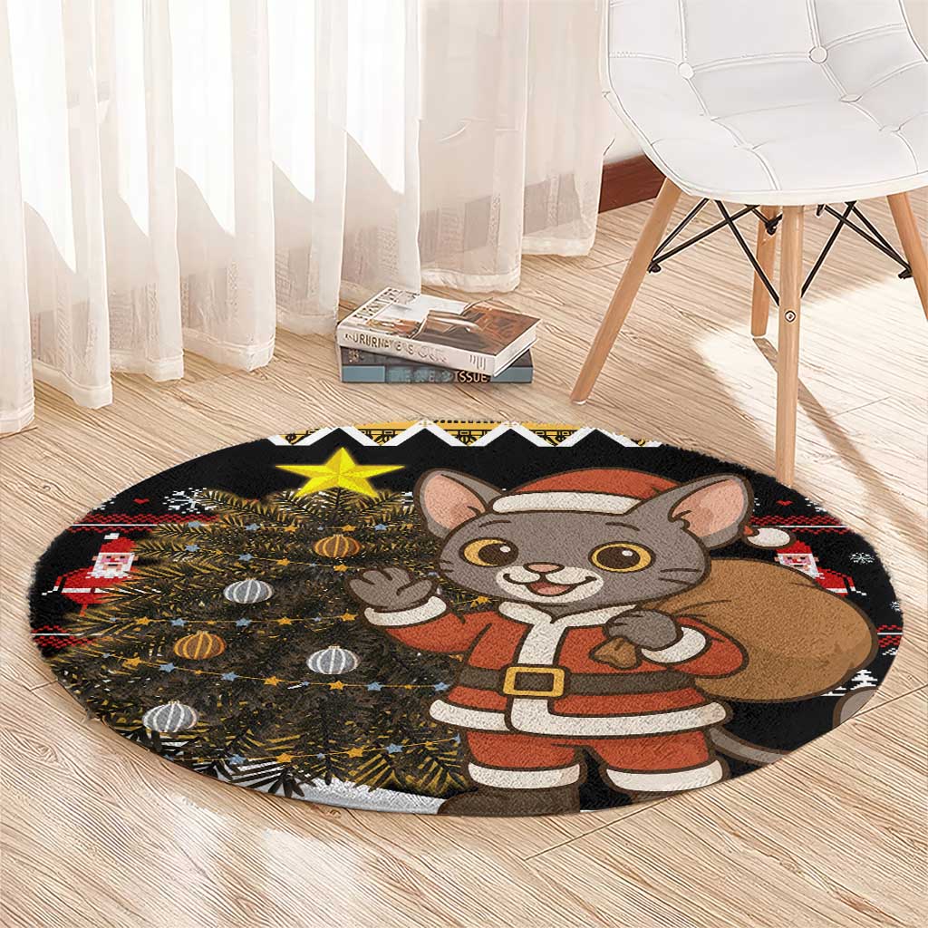 Egypt Christmas Round Carpet with Santa Cat Sleigh Reindeer Christmas Tree and Ancient Hieroglyphic - Wonder Print Shop