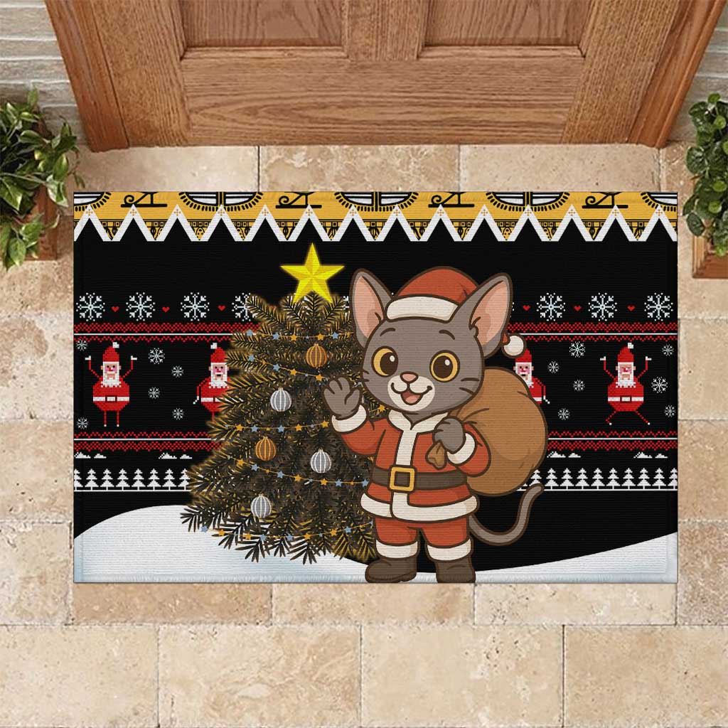 Egypt Christmas Rubber Doormat with Santa Cat Sleigh Reindeer Christmas Tree and Ancient Hieroglyphic - Wonder Print Shop