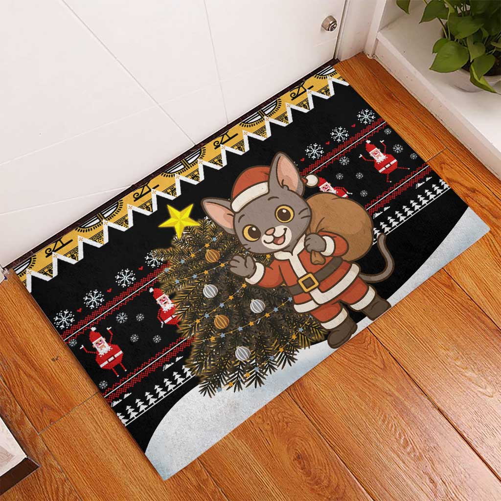 Egypt Christmas Rubber Doormat with Santa Cat Sleigh Reindeer Christmas Tree and Ancient Hieroglyphic - Wonder Print Shop
