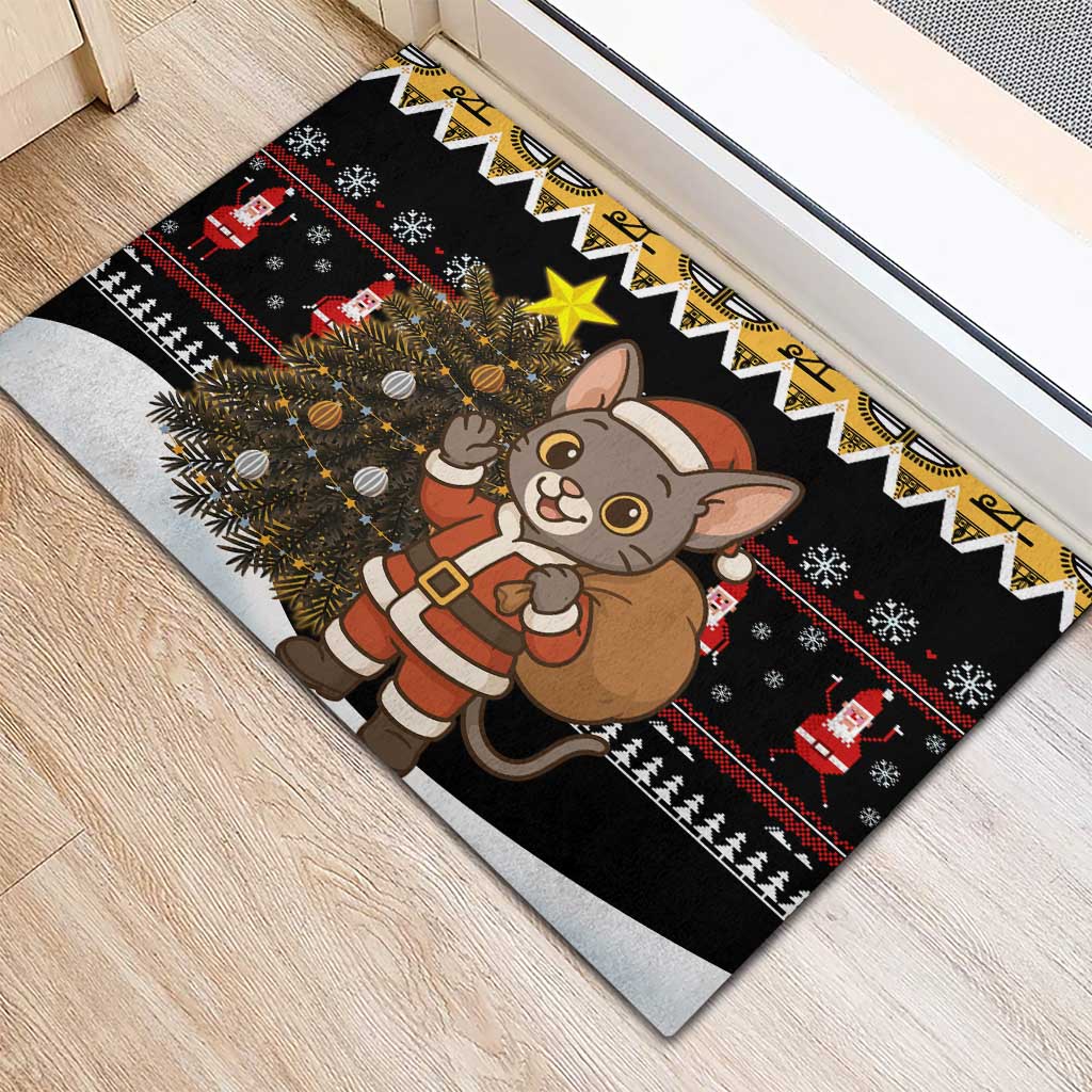 Egypt Christmas Rubber Doormat with Santa Cat Sleigh Reindeer Christmas Tree and Ancient Hieroglyphic - Wonder Print Shop
