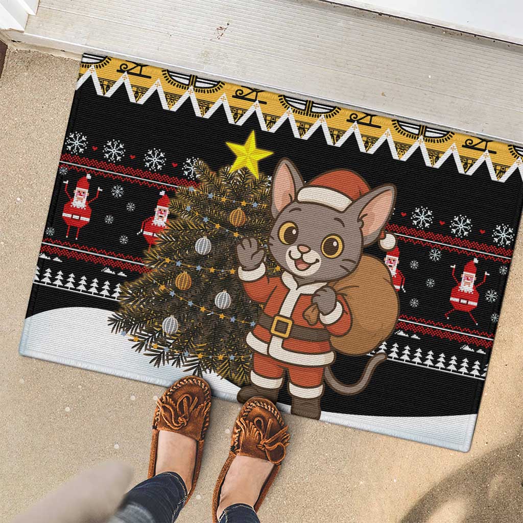 Egypt Christmas Rubber Doormat with Santa Cat Sleigh Reindeer Christmas Tree and Ancient Hieroglyphic - Wonder Print Shop