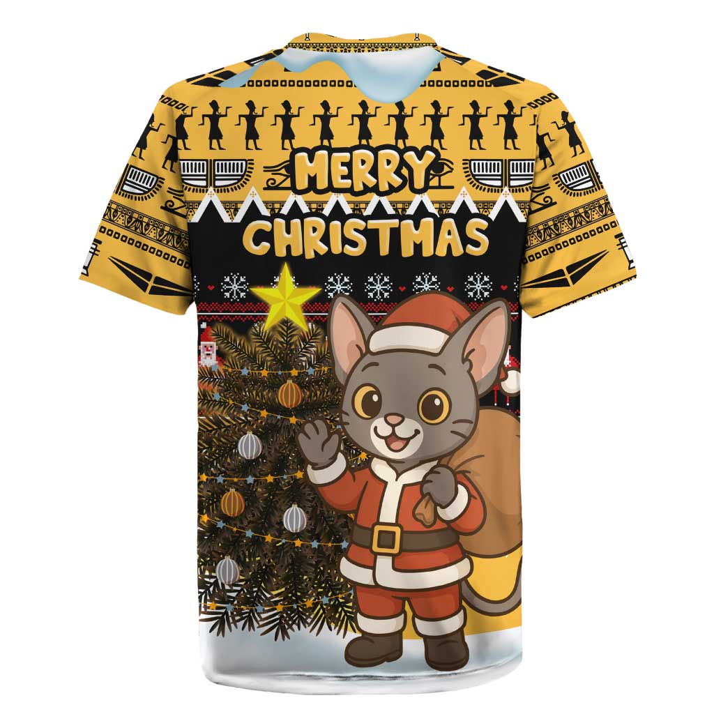 Egypt Christmas Rugby Jersey with Santa Cat Sleigh Reindeer Christmas Tree and Ancient Hieroglyphic - Wonder Print Shop