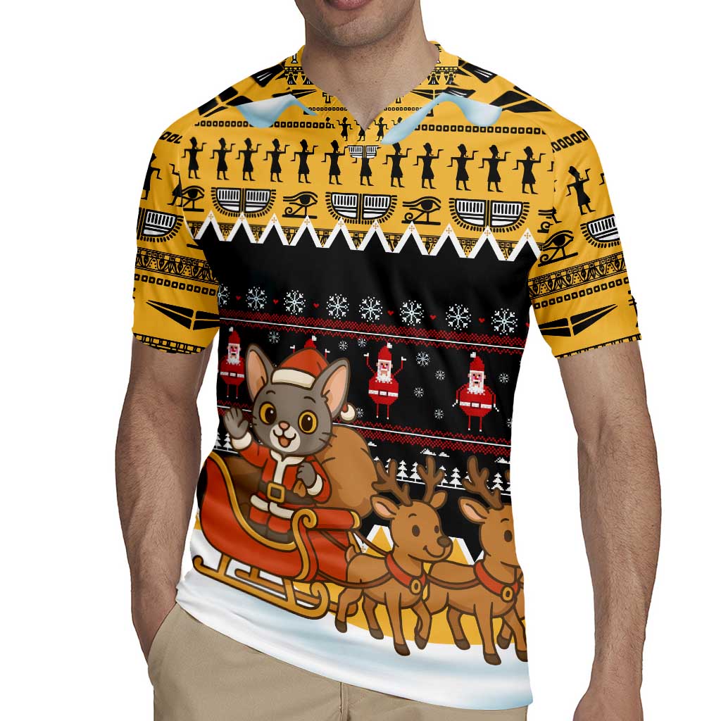 Egypt Christmas Rugby Jersey with Santa Cat Sleigh Reindeer Christmas Tree and Ancient Hieroglyphic - Wonder Print Shop