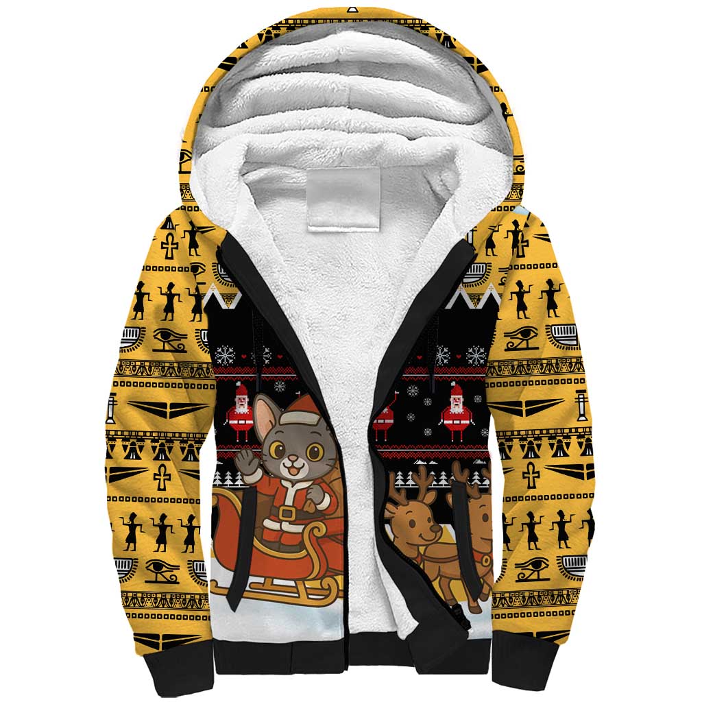Egypt Christmas Sherpa Hoodie with Santa Cat Sleigh Reindeer Christmas Tree and Ancient Hieroglyphic - Wonder Print Shop