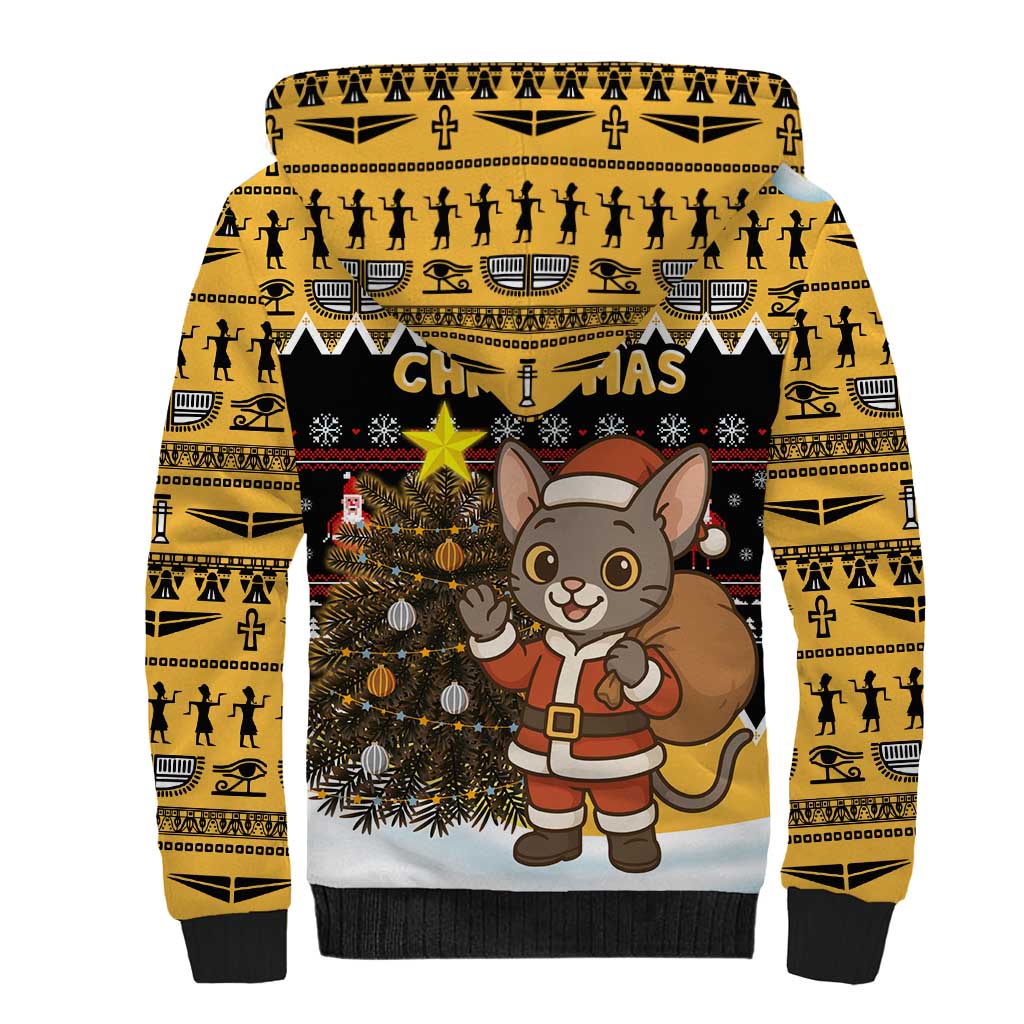 Egypt Christmas Sherpa Hoodie with Santa Cat Sleigh Reindeer Christmas Tree and Ancient Hieroglyphic - Wonder Print Shop