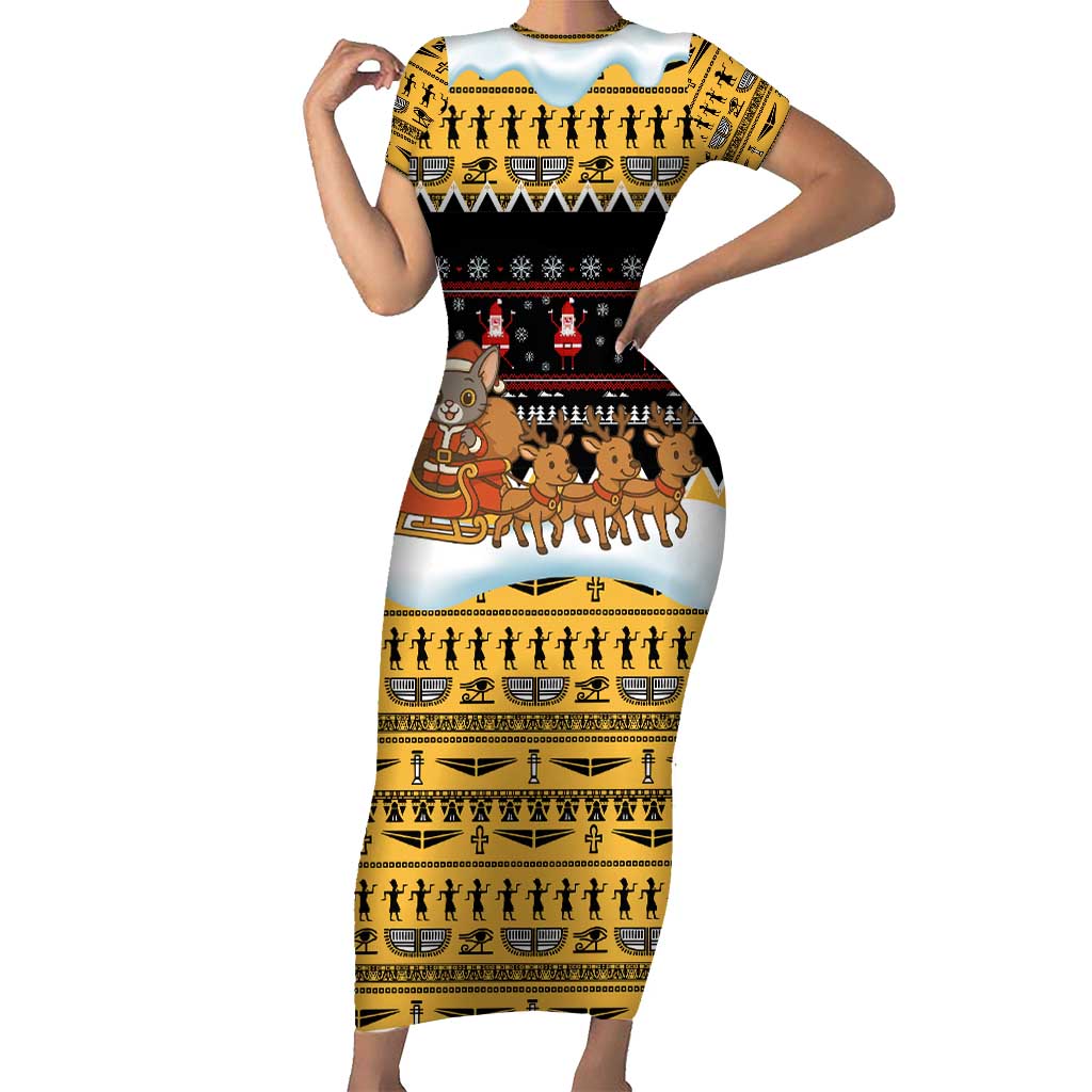 Egypt Christmas Short Sleeve Bodycon Dress with Santa Cat Sleigh Reindeer Christmas Tree and Ancient Hieroglyphic - Wonder Print Shop