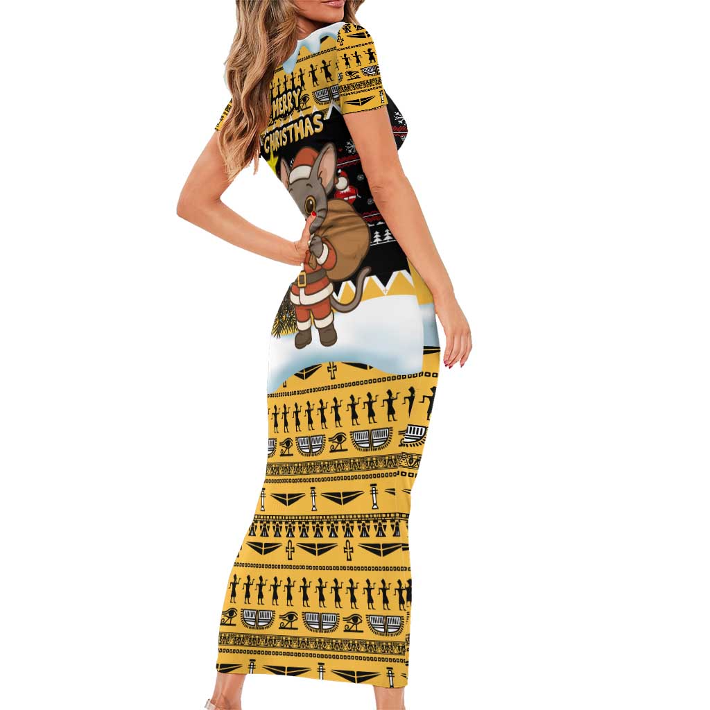Egypt Christmas Short Sleeve Bodycon Dress with Santa Cat Sleigh Reindeer Christmas Tree and Ancient Hieroglyphic - Wonder Print Shop