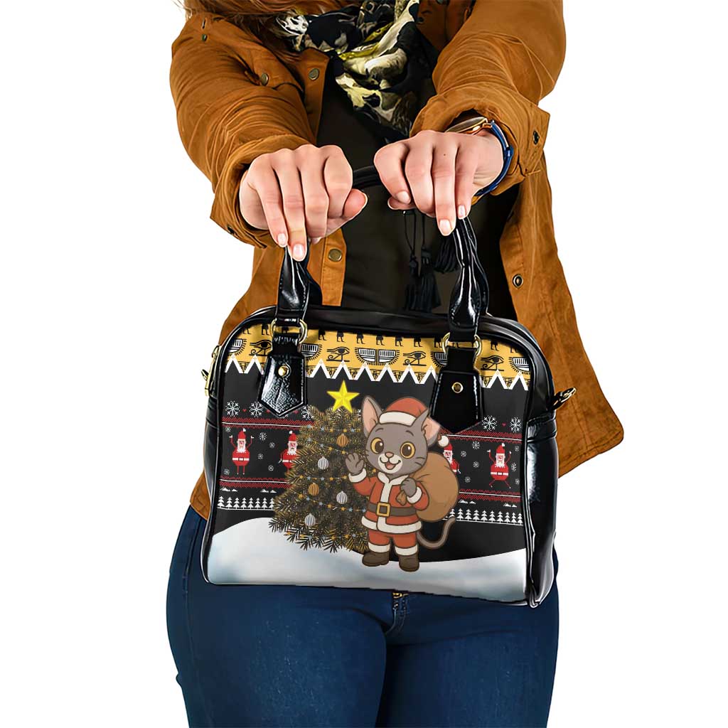 Egypt Christmas Shoulder Handbag with Santa Cat Sleigh Reindeer Christmas Tree and Ancient Hieroglyphic - Wonder Print Shop