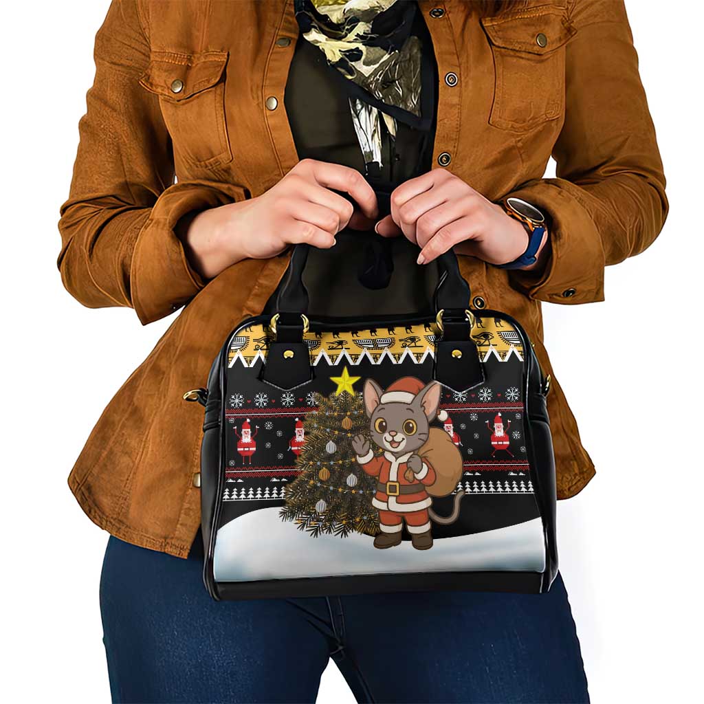 Egypt Christmas Shoulder Handbag with Santa Cat Sleigh Reindeer Christmas Tree and Ancient Hieroglyphic - Wonder Print Shop