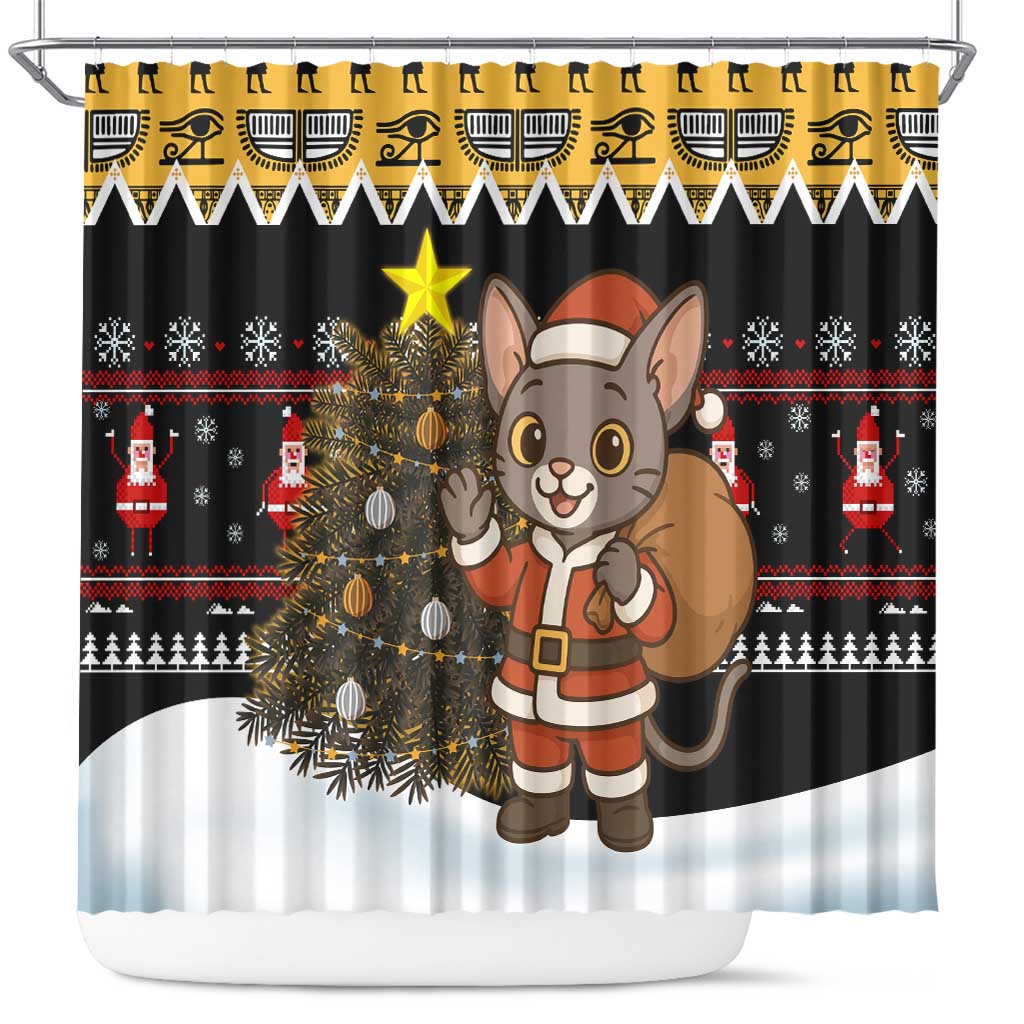 Egypt Christmas Shower Curtain with Santa Cat Sleigh Reindeer Christmas Tree and Ancient Hieroglyphic - Wonder Print Shop