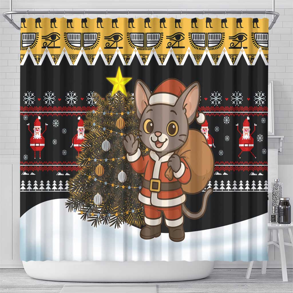 Egypt Christmas Shower Curtain with Santa Cat Sleigh Reindeer Christmas Tree and Ancient Hieroglyphic - Wonder Print Shop