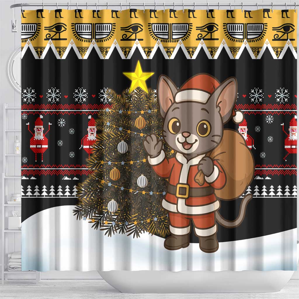 Egypt Christmas Shower Curtain with Santa Cat Sleigh Reindeer Christmas Tree and Ancient Hieroglyphic - Wonder Print Shop
