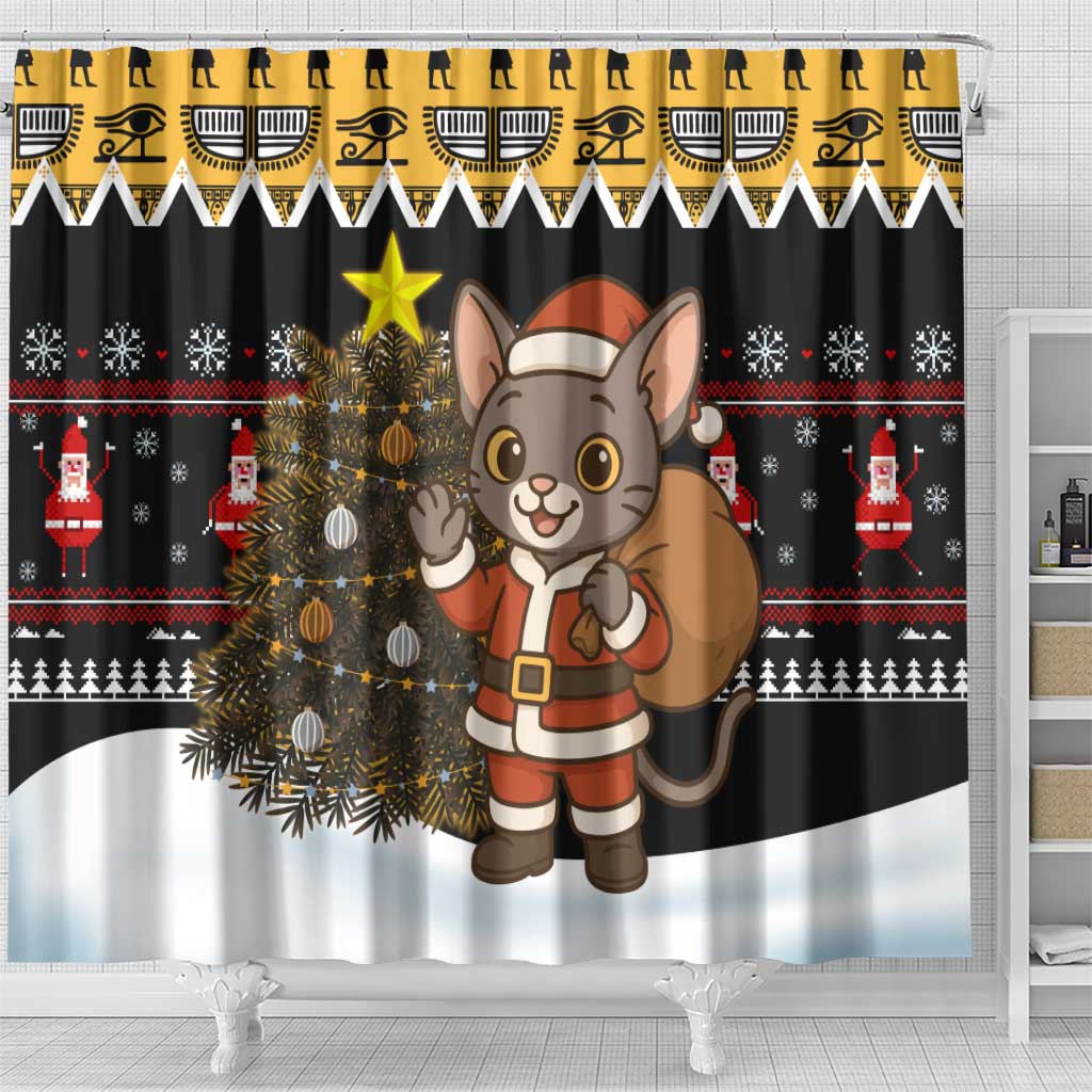 Egypt Christmas Shower Curtain with Santa Cat Sleigh Reindeer Christmas Tree and Ancient Hieroglyphic - Wonder Print Shop