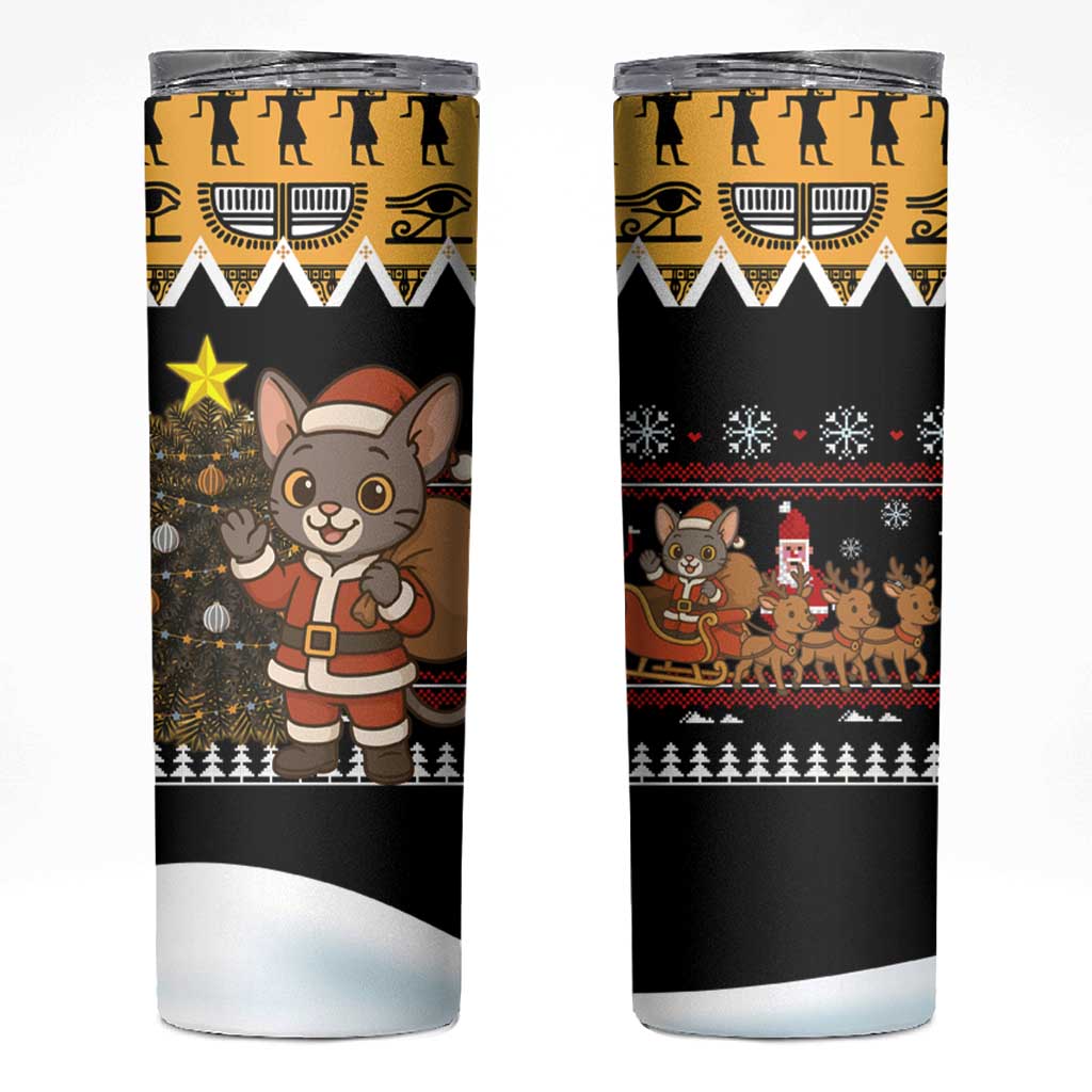 Egypt Christmas Skinny Tumbler with Santa Cat Sleigh Reindeer Christmas Tree and Ancient Hieroglyphic - Wonder Print Shop