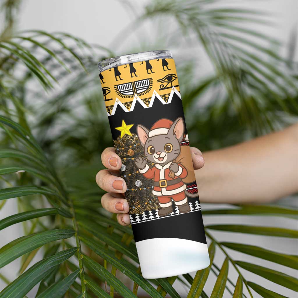 Egypt Christmas Skinny Tumbler with Santa Cat Sleigh Reindeer Christmas Tree and Ancient Hieroglyphic - Wonder Print Shop