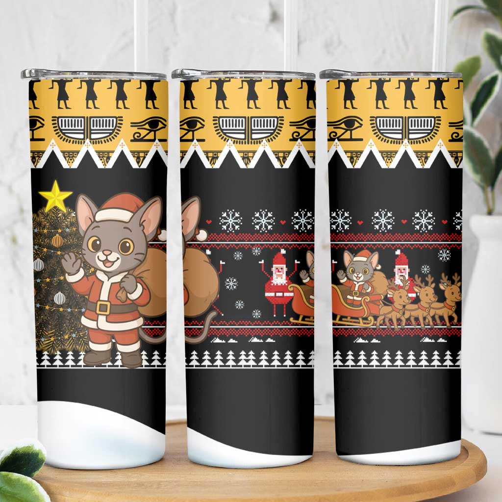 Egypt Christmas Skinny Tumbler with Santa Cat Sleigh Reindeer Christmas Tree and Ancient Hieroglyphic - Wonder Print Shop