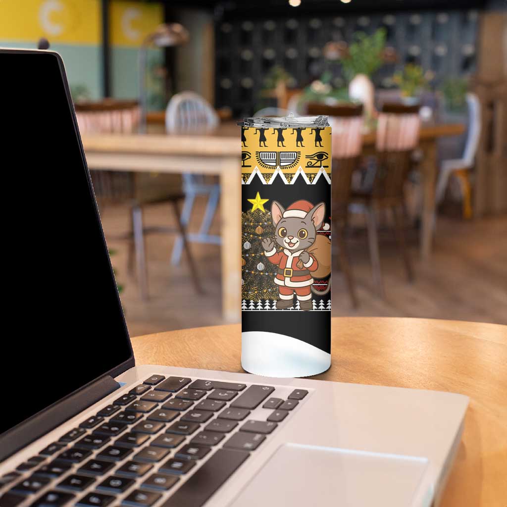 Egypt Christmas Skinny Tumbler with Santa Cat Sleigh Reindeer Christmas Tree and Ancient Hieroglyphic - Wonder Print Shop