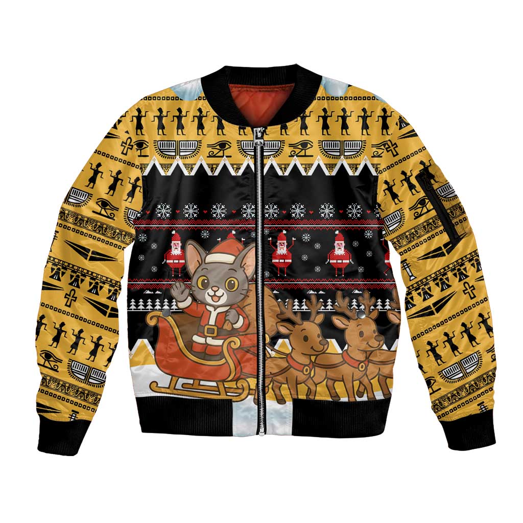 Egypt Christmas Sleeve Zip Bomber Jacket with Santa Cat Sleigh Reindeer Christmas Tree and Ancient Hieroglyphic - Wonder Print Shop