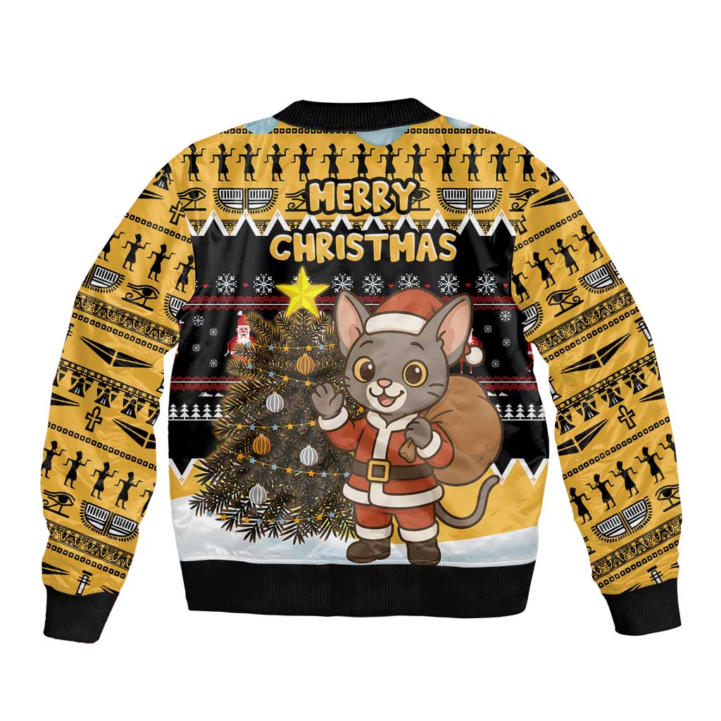 Egypt Christmas Sleeve Zip Bomber Jacket with Santa Cat Sleigh Reindeer Christmas Tree and Ancient Hieroglyphic - Wonder Print Shop