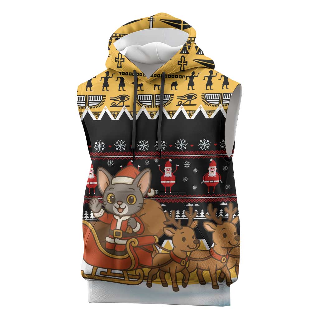 Egypt Christmas Sleeveless Hoodie with Santa Cat Sleigh Reindeer Christmas Tree and Ancient Hieroglyphic - Wonder Print Shop