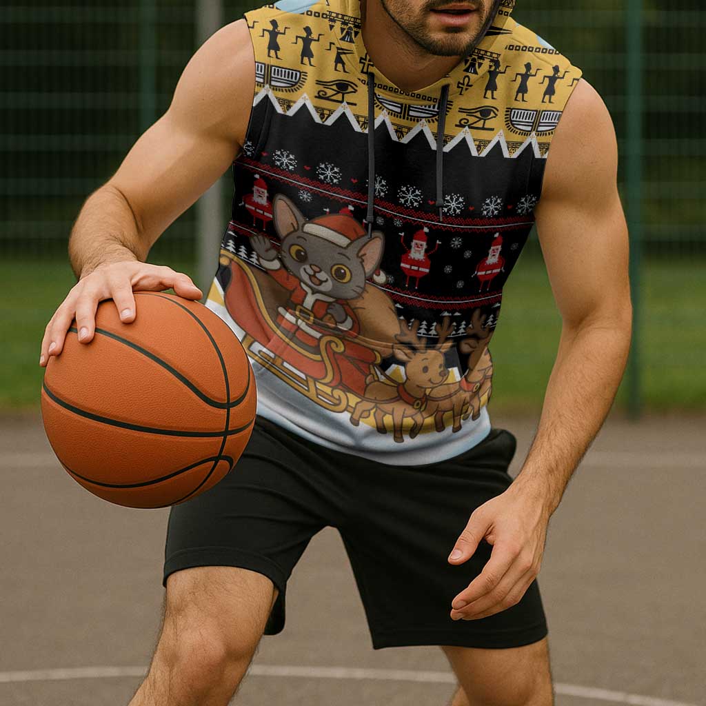 Egypt Christmas Sleeveless Hoodie with Santa Cat Sleigh Reindeer Christmas Tree and Ancient Hieroglyphic - Wonder Print Shop