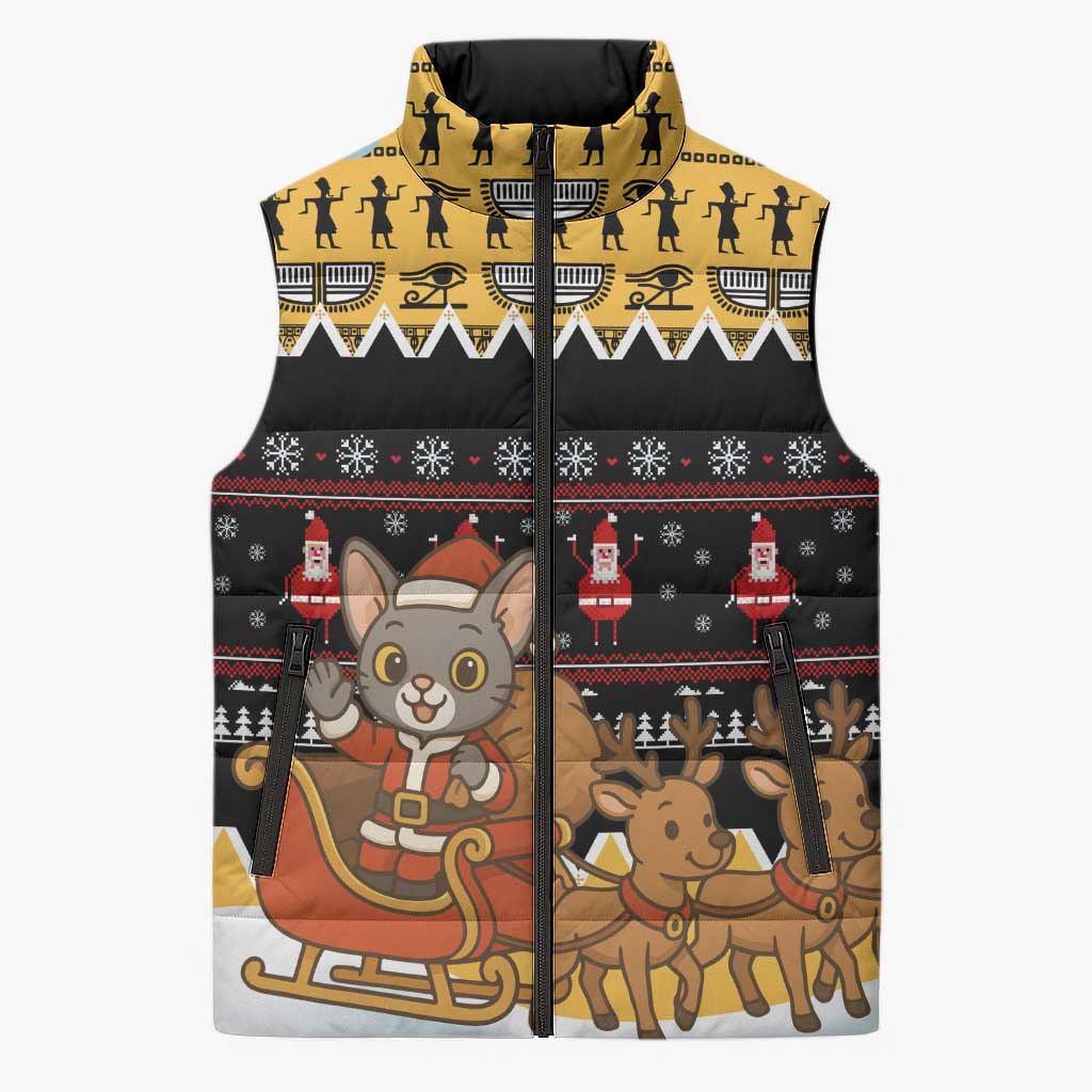Egypt Christmas Sleeveless Puffer Jacket with Santa Cat Sleigh Reindeer Christmas Tree and Ancient Hieroglyphic - Wonder Print Shop
