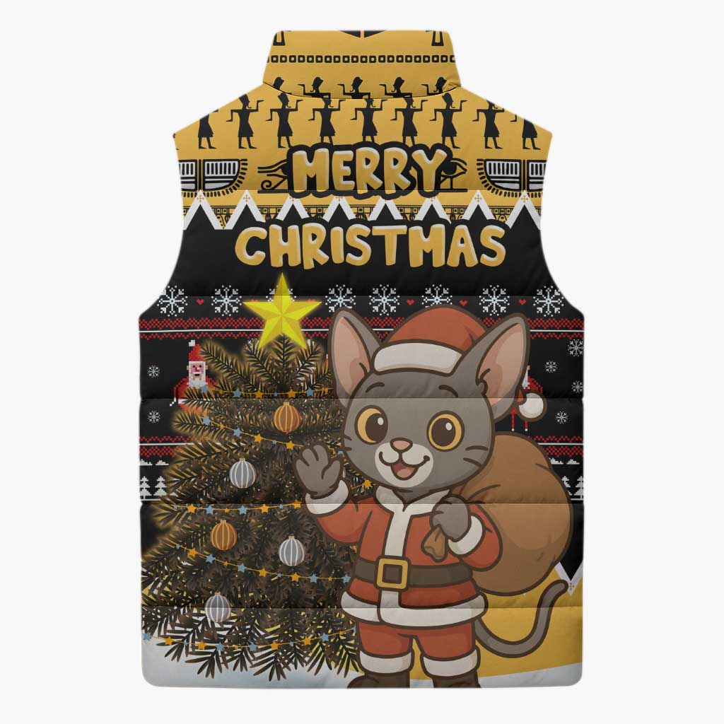 Egypt Christmas Sleeveless Puffer Jacket with Santa Cat Sleigh Reindeer Christmas Tree and Ancient Hieroglyphic - Wonder Print Shop